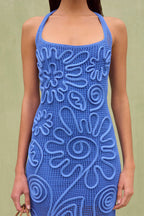 Corded Floral Embroidery Open Mesh Knit Halter Neck Midi Dress