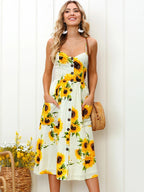 Sunflower Print Spaghetti Strap Button Front Patch Pocket Midi Dress