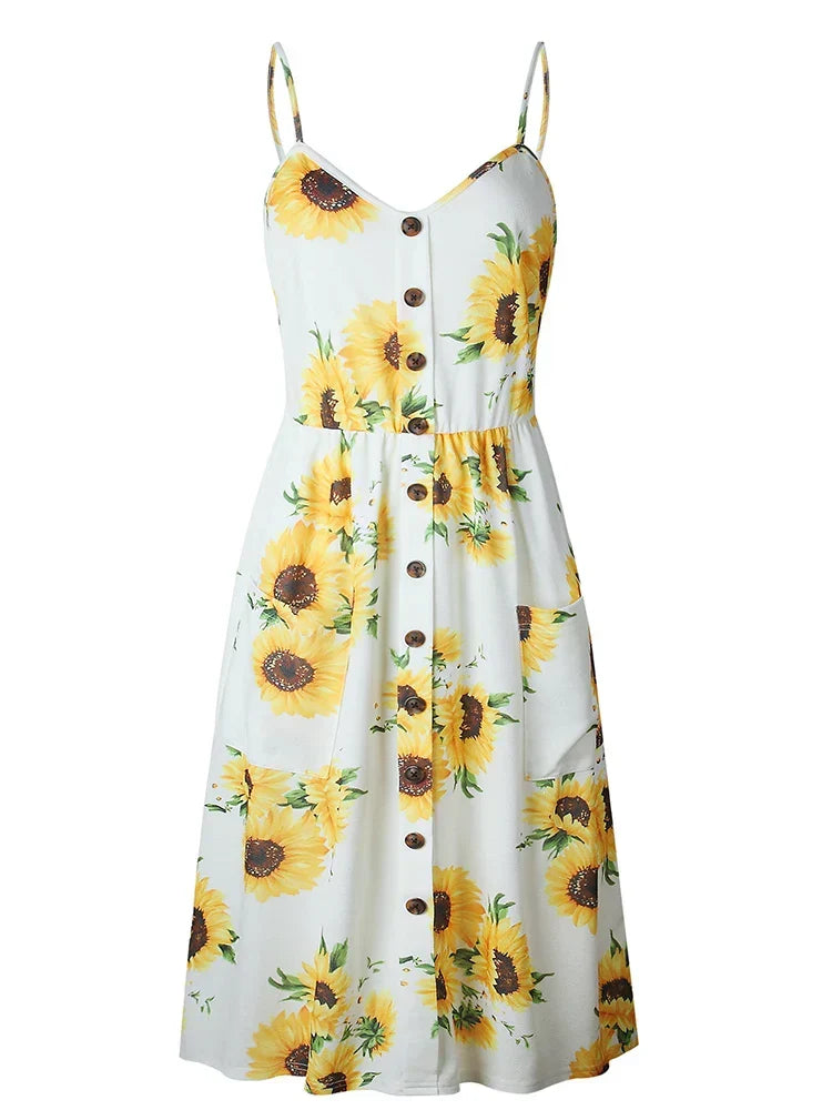 Sunflower Print Spaghetti Strap Button Front Patch Pocket Midi Dress