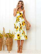 Sunflower Print Spaghetti Strap Button Front Patch Pocket Midi Dress