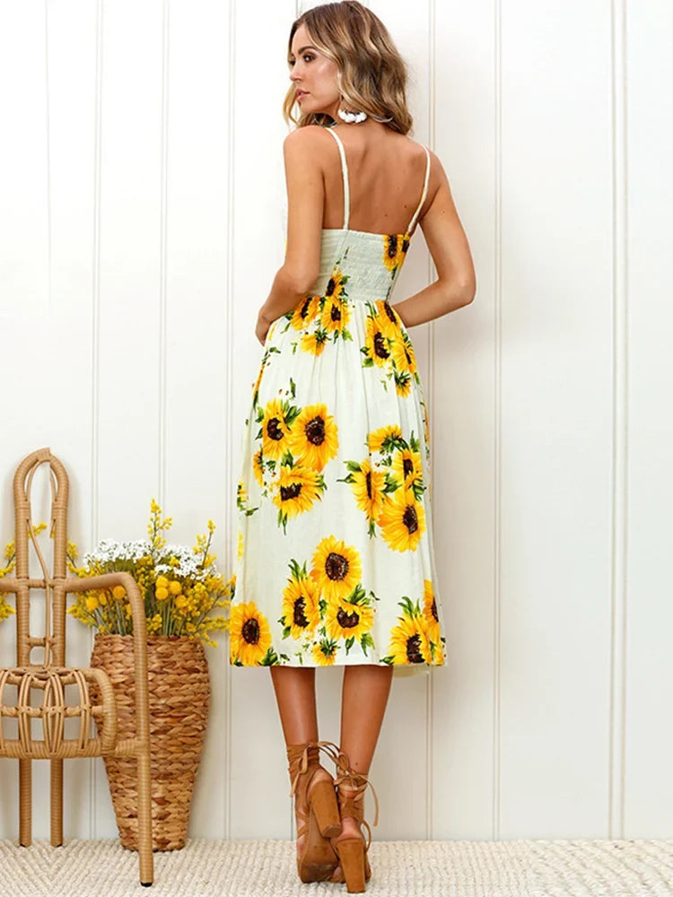 Sunflower Print Spaghetti Strap Button Front Patch Pocket Midi Dress