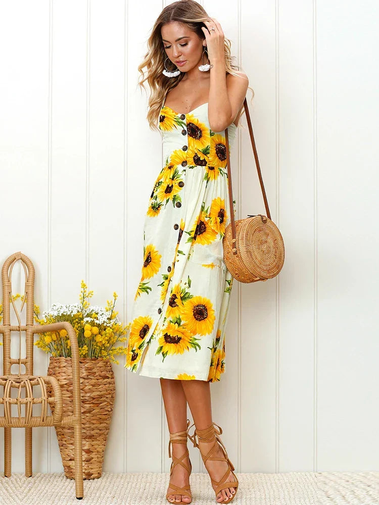 Sunflower Print Spaghetti Strap Button Front Patch Pocket Midi Dress