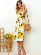 Sunflower Print Spaghetti Strap Button Front Patch Pocket Midi Dress