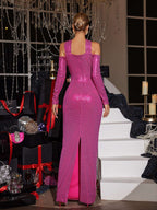 Sequin Halter Cross Neck Cold Shoulder Appliqué Maxi Dress