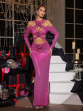 Sequin Halter Cross Neck Cold Shoulder Appliqué Maxi Dress