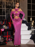 Sequin Halter Cross Neck Cold Shoulder Appliqué Maxi Dress
