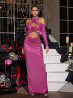 Sequin Halter Cross Neck Cold Shoulder Appliqué Maxi Dress