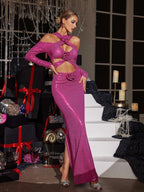 Sequin Halter Cross Neck Cold Shoulder Appliqué Maxi Dress
