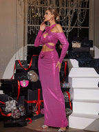 Sequin Halter Cross Neck Cold Shoulder Appliqué Maxi Dress