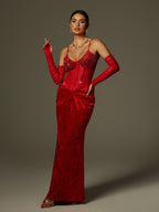 Rhinestone Corset Sheer Sleeve Velvet Drape Maxi Dress