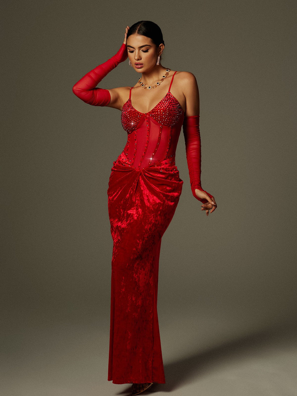 Rhinestone Corset Sheer Sleeve Velvet Drape Maxi Dress