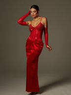 Rhinestone Corset Sheer Sleeve Velvet Drape Maxi Dress
