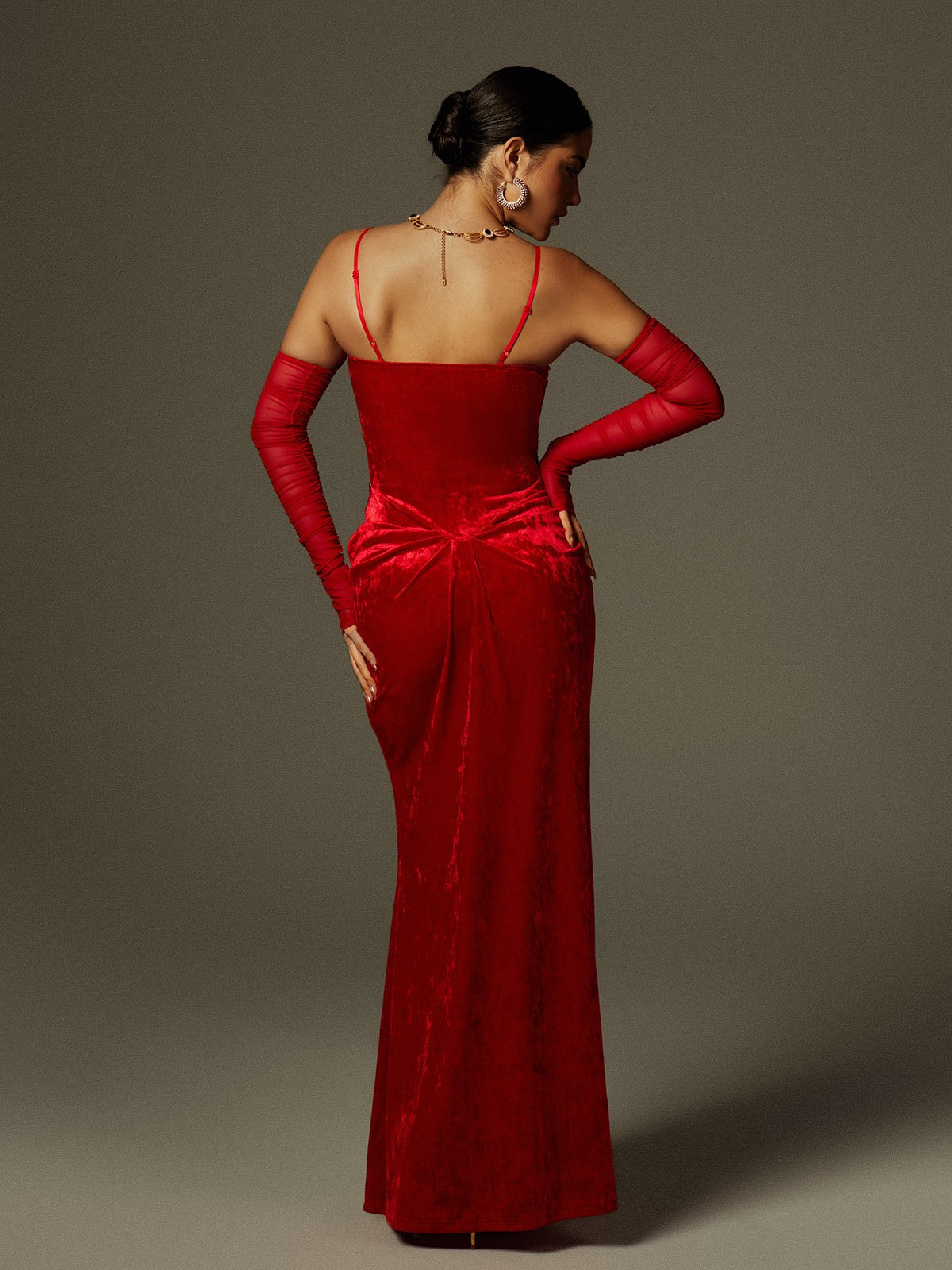 Rhinestone Corset Sheer Sleeve Velvet Drape Maxi Dress