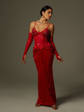 Rhinestone Corset Sheer Sleeve Velvet Drape Maxi Dress