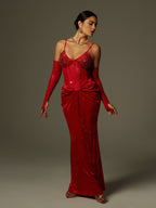 Rhinestone Corset Sheer Sleeve Velvet Drape Maxi Dress