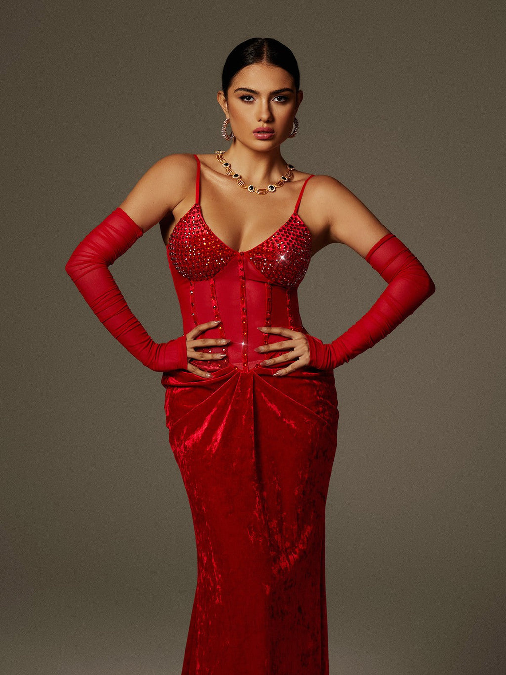 Rhinestone Corset Sheer Sleeve Velvet Drape Maxi Dress