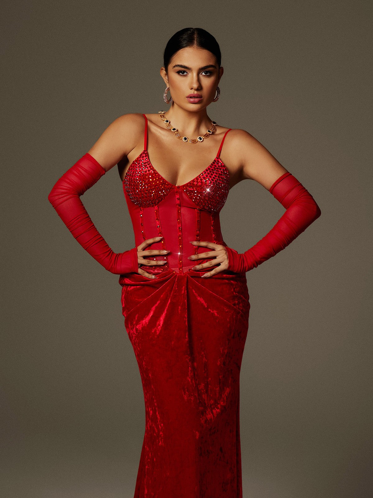Rhinestone Corset Sheer Sleeve Velvet Drape Maxi Dress