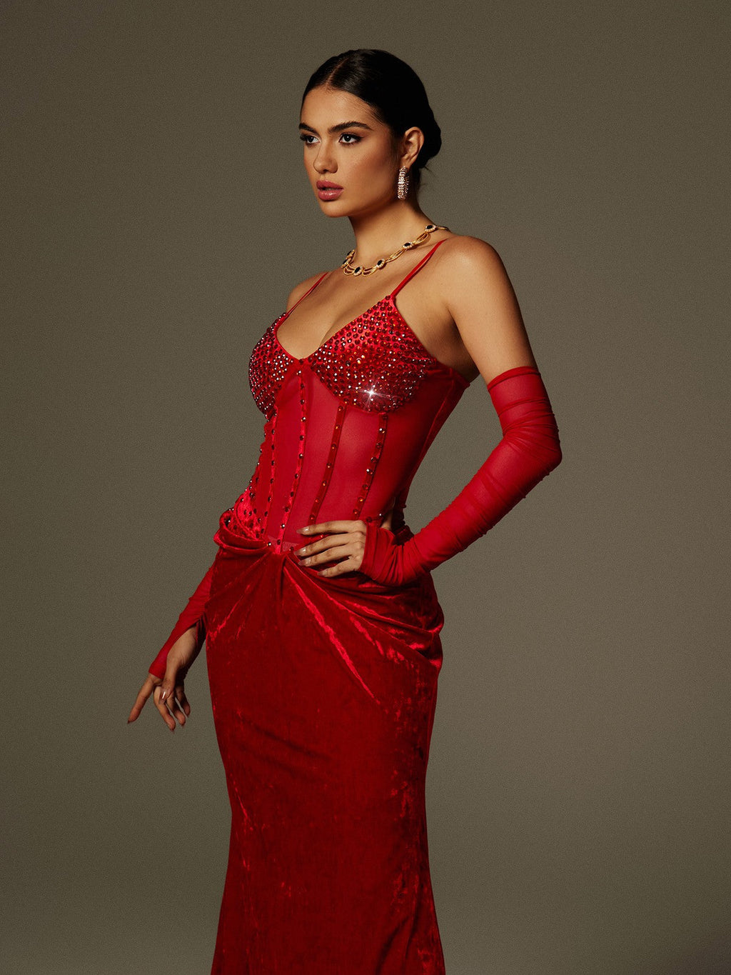 Rhinestone Corset Sheer Sleeve Velvet Drape Maxi Dress