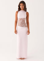 Boat Neck Sleeveless Lace Waist Cut Out Column Maxi Dress