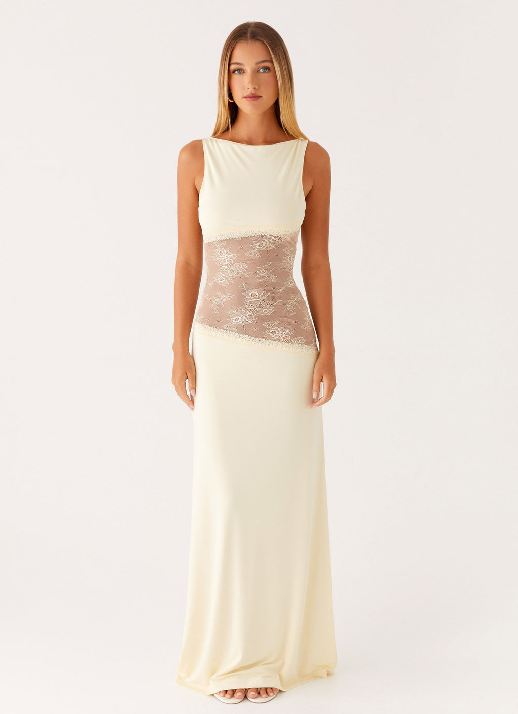 Boat Neck Sleeveless Lace Waist Cut Out Column Maxi Dress