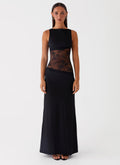 Boat Neck Sleeveless Lace Waist Cut Out Column Maxi Dress