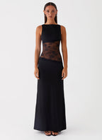 Boat Neck Sleeveless Lace Waist Cut Out Column Maxi Dress