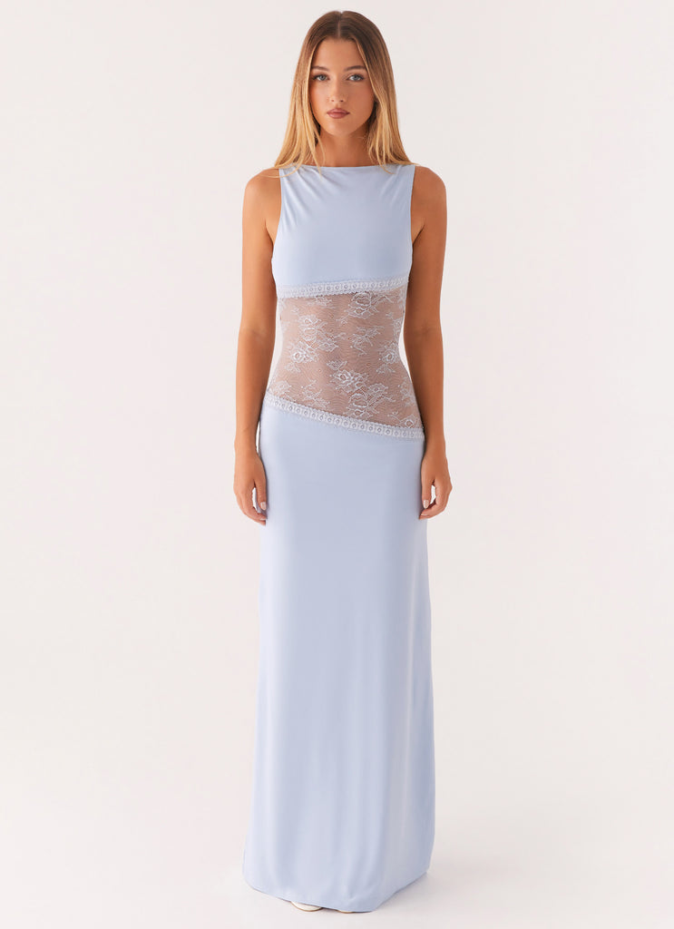 Boat Neck Sleeveless Lace Waist Cut Out Column Maxi Dress