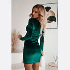 Velvet Wrap V-Neck Ruched Long Sleeve Bodycon Mini Dress