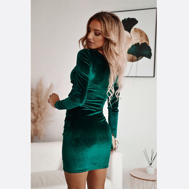 Velvet Wrap V-Neck Ruched Long Sleeve Bodycon Mini Dress