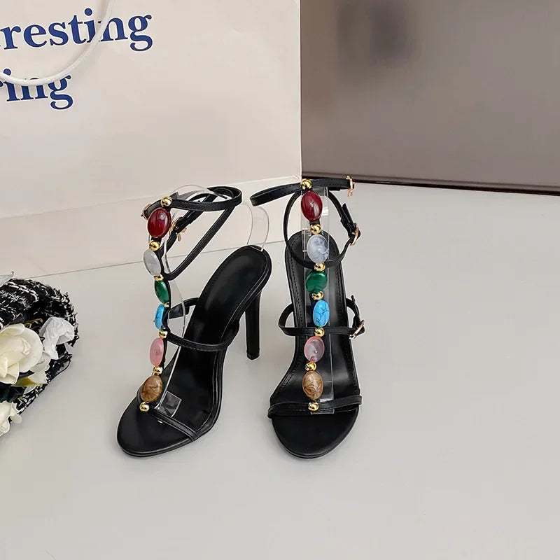 Luxury Colorful Pearl Decoration Peep Toe Buckle Strap 11Cm Thin High Heel High Heel