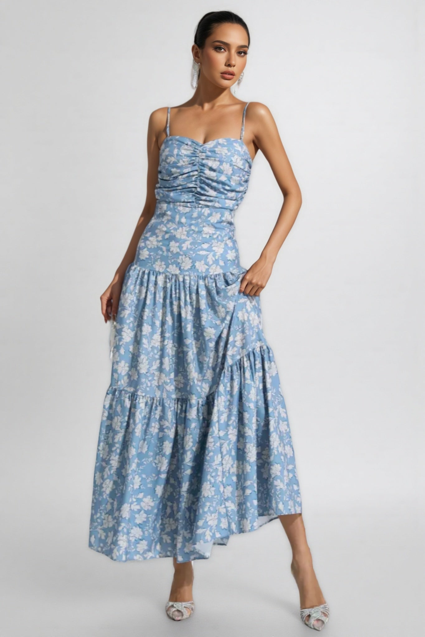 Corek Blue Floral Ruched Slip Maxi Dress