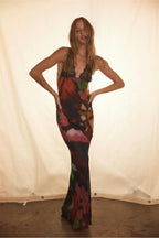 Lace Trim Abstract Print Spaghetti Strap V-Neck Slip Maxi Dress