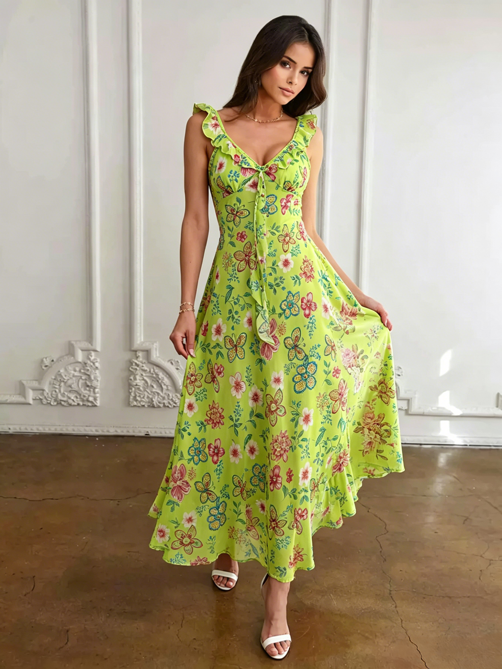 Daily Dresses For Women Red Shaping Flowers Sleeveless V-Neck Raised Waist Printed Dress