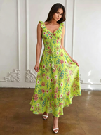Daily Dresses For Women Red Shaping Flowers Sleeveless V-Neck Raised Waist Printed Dress