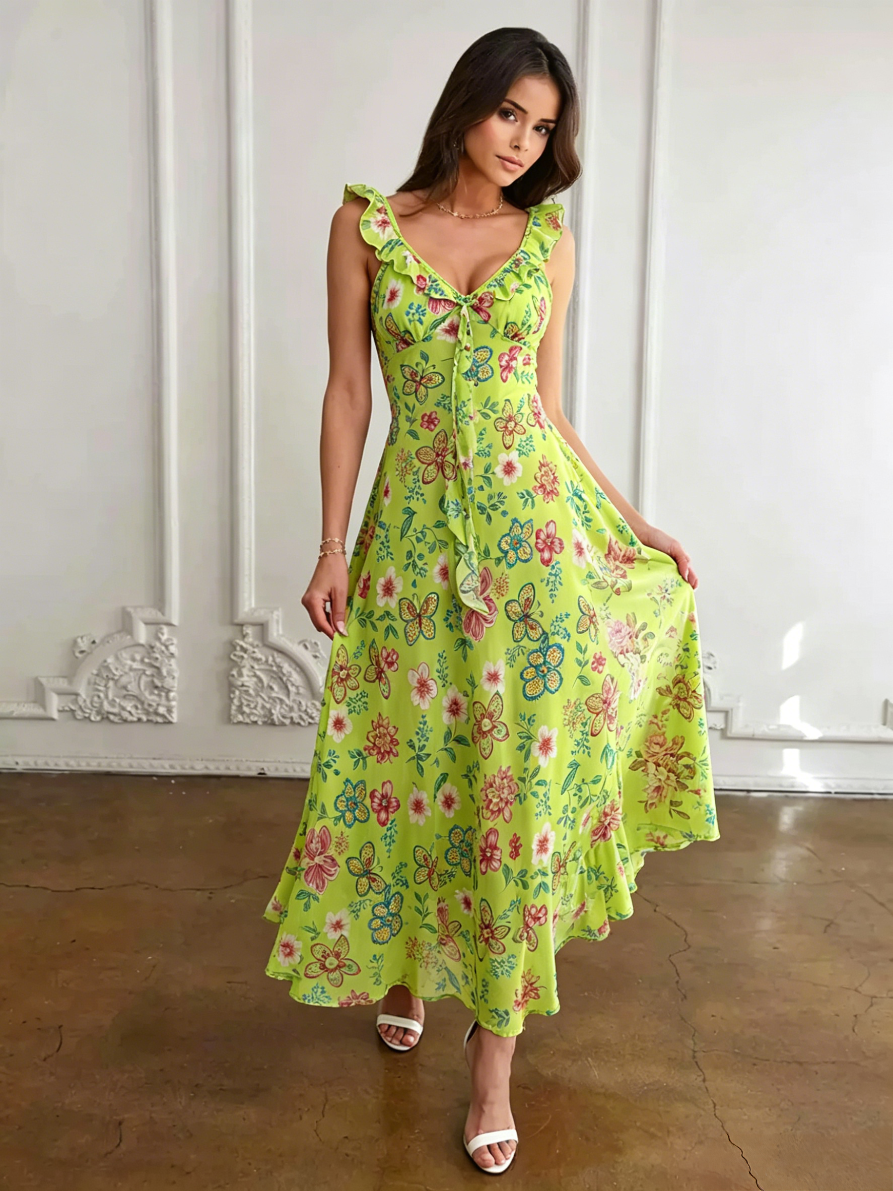 Daily Dresses For Women Red Shaping Flowers Sleeveless V-Neck Raised Waist Printed Dress