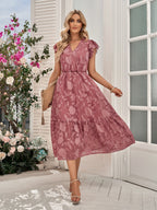Floral Burnout Jacquard Surplice V-Neck Flutter Sleeve Tiered Hem Midi Dress