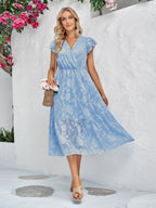 Floral Burnout Jacquard Surplice V-Neck Flutter Sleeve Tiered Hem Midi Dress