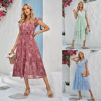 Floral Burnout Jacquard Surplice V-Neck Flutter Sleeve Tiered Hem Midi Dress