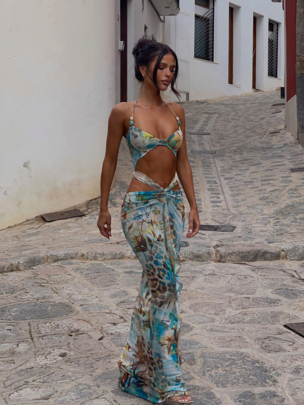 Floral Print Halter Neck Cut Out Waist Crisscross Strap Maxi Skirt Two Piece Set