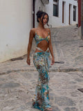 Floral Print Halter Neck Cut Out Waist Crisscross Strap Maxi Skirt Two Piece Set