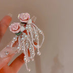 Korean Fashion Pink Flower Pearl Tassel Earrings for Women Luxury Fairy Jewelry