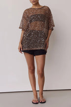 Edela Sheer Sequin Knit Fabric Short Sleeve Oversized Cover-up Tee