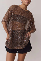 Edela Sheer Sequin Knit Fabric Short Sleeve Oversized Cover-up Tee