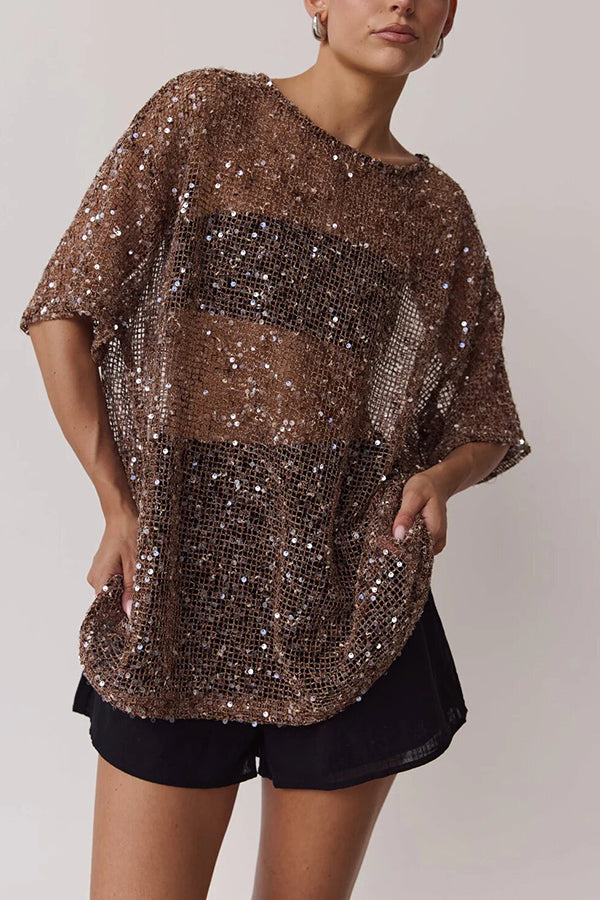 Edela Sheer Sequin Knit Fabric Short Sleeve Oversized Cover-up Tee