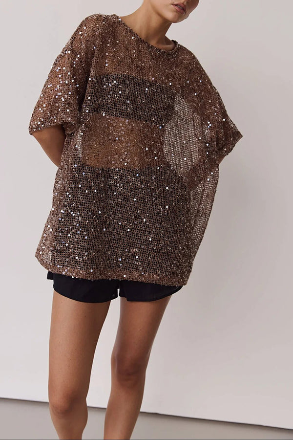 Edela Sheer Sequin Knit Fabric Short Sleeve Oversized Cover-up Tee