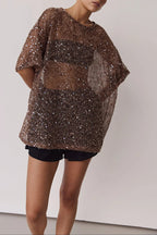 Edela Sheer Sequin Knit Fabric Short Sleeve Oversized Cover-up Tee