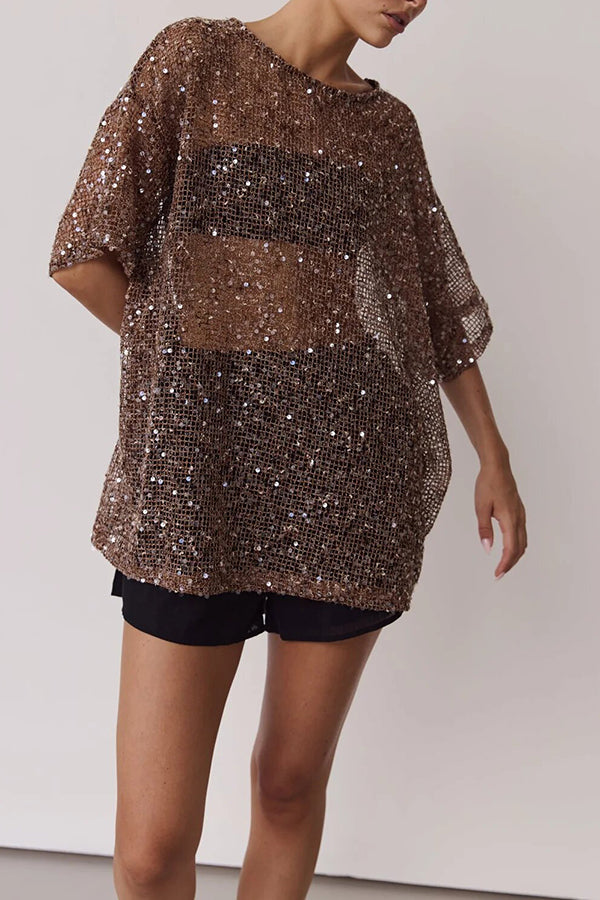 Edela Sheer Sequin Knit Fabric Short Sleeve Oversized Cover-up Tee