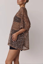Edela Sheer Sequin Knit Fabric Short Sleeve Oversized Cover-up Tee