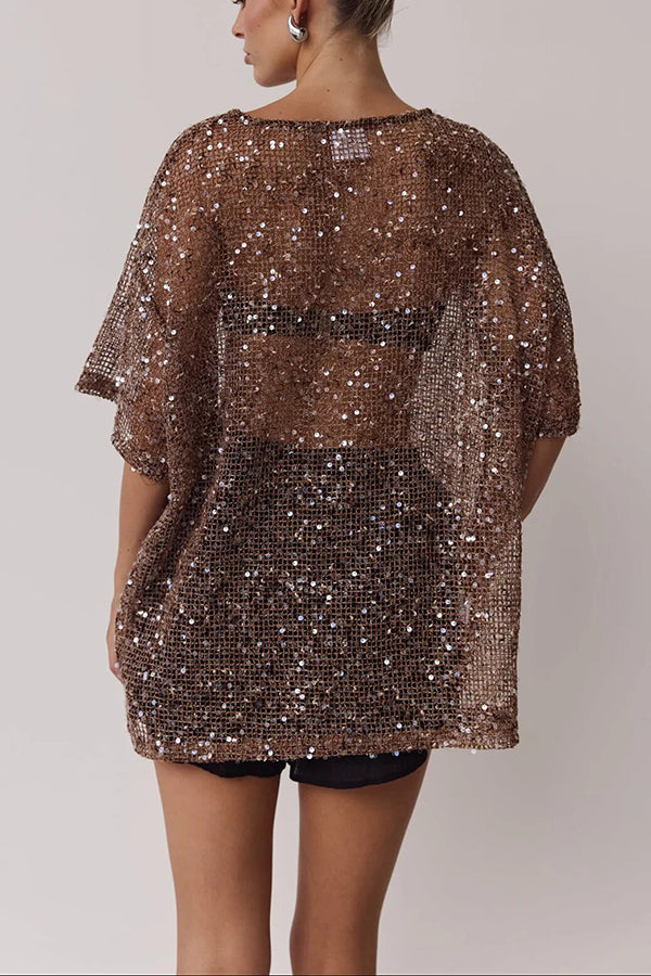 Edela Sheer Sequin Knit Fabric Short Sleeve Oversized Cover-up Tee