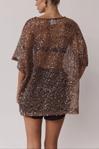 Edela Sheer Sequin Knit Fabric Short Sleeve Oversized Cover-up Tee